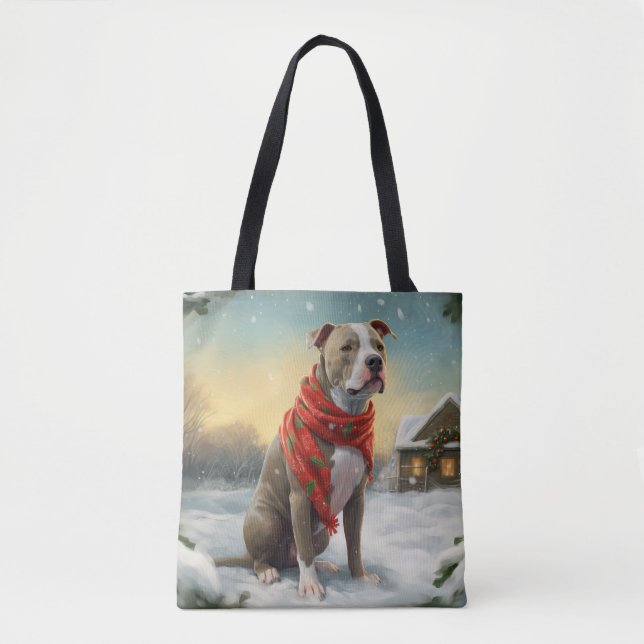 Bolsa Tote Cachorro Pitbulento no Natal da Neve (Frente)