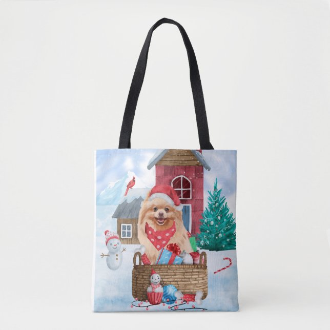 Bolsa Tote Cachorro Pomerano Na Casa De Cachorro De Neve Joga (Frente)