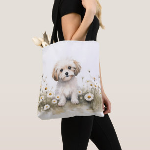 Bolsa Tote Cachorro Poodle em Aquarela Entre Margaridas