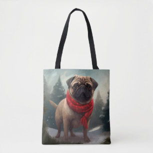 Bolsa Tote Cachorro Pug na Neve Natal