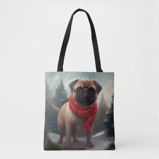 Bolsa Tote Cachorro Pug na Neve Natal (Frente)