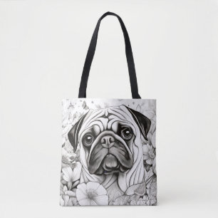 Bolsa Tote Cachorro Pug Peaceful Nature Prairie Sketch Desenh
