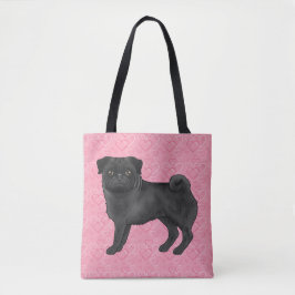 Bolsa Tote Cachorro Pug Preto Desenho Animado Padrão de Coraç