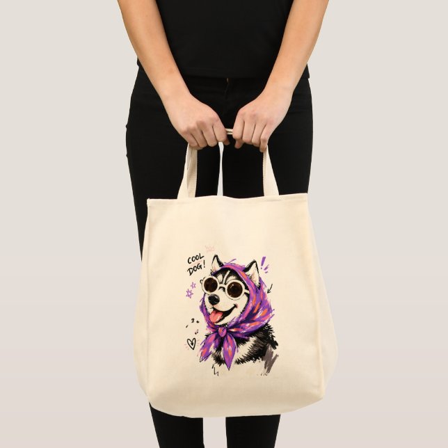 Bolsa Tote Cachorro Resfriado Husky com Óculos de Sol & Lenço (Frente (produto))