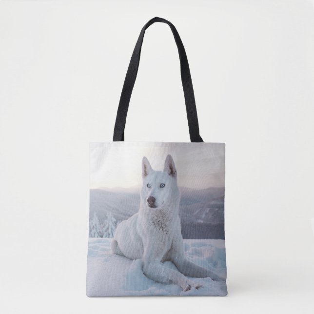 Bolsa Tote Cachorro Rouco branco entalando na neve (Frente)