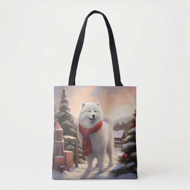 Bolsa Tote Cachorro Samoyed no Natal da Neve (Frente)