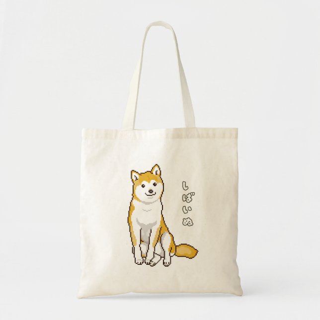 Bolsa Tote Cachorro Shiba Inu Sentado com Pixelart Inclinado  (Frente)