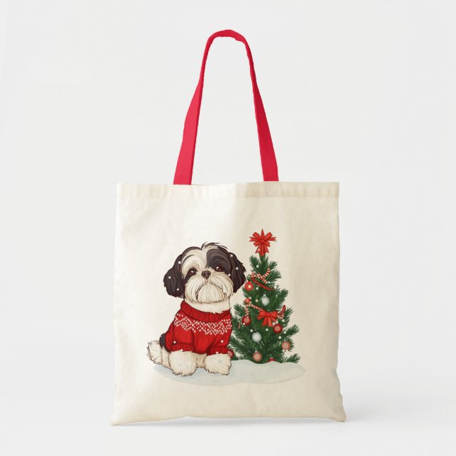 Bolsa Tote Cachorro Shih Tzu de Natal (Frente)