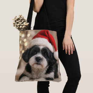 Bolsa Tote Cachorro Shih Tzu de Natal com Chapéu de Papai Noe