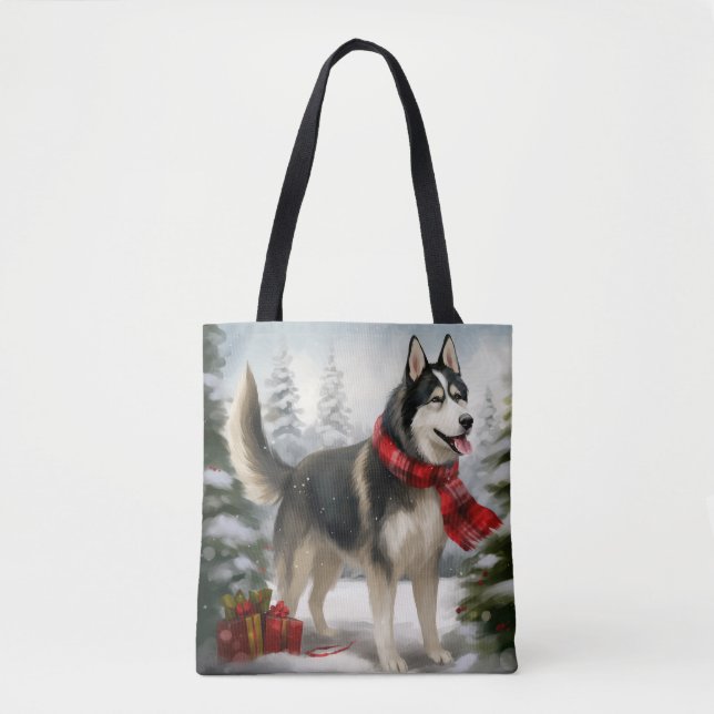 Bolsa Tote Cachorro Siberiano Husky no Natal da Neve (Frente)