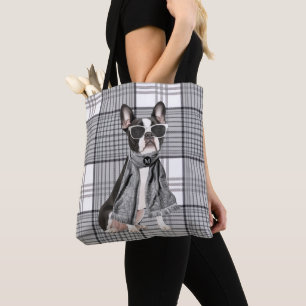 Bolsa Tote Cachorro Stylish Boston Terrier e Monograma Xadrez