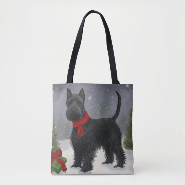 Bolsa Tote Cachorro Terrier escocês no Natal da neve (Frente)