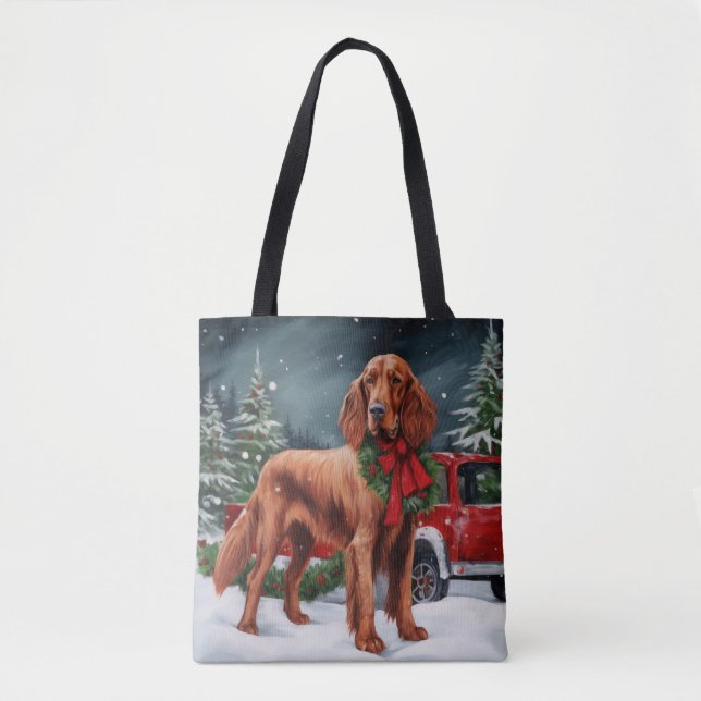 Bolsa Tote Cachorro Vermelho Irlandês no Natal da Neve (Frente)