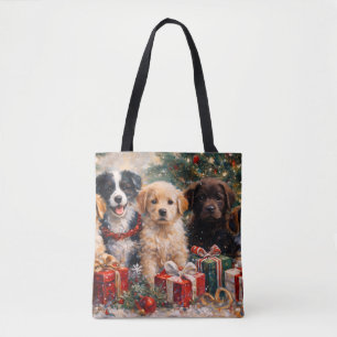 Bolsa Tote Cachorros de Natal com Presentes sob a Árvore Deco