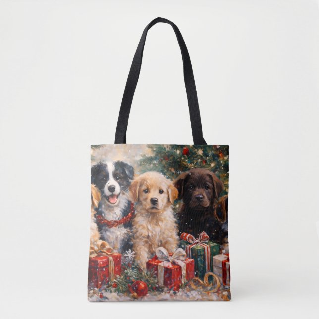 Bolsa Tote Cachorros de Natal com Presentes sob a Árvore Deco (Frente)