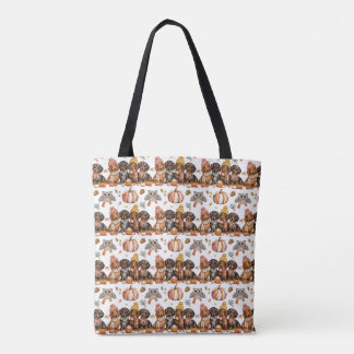 Bolsa Tote Cachorros de Outono e Abóboras Aquarela