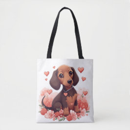 Bolsa Tote Cachshund Puppy Bonito com Corações