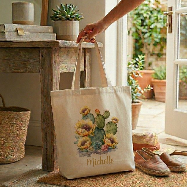 Bolsa Tote Cacto de Flores Amarelas Com Nome (Criador carregado)