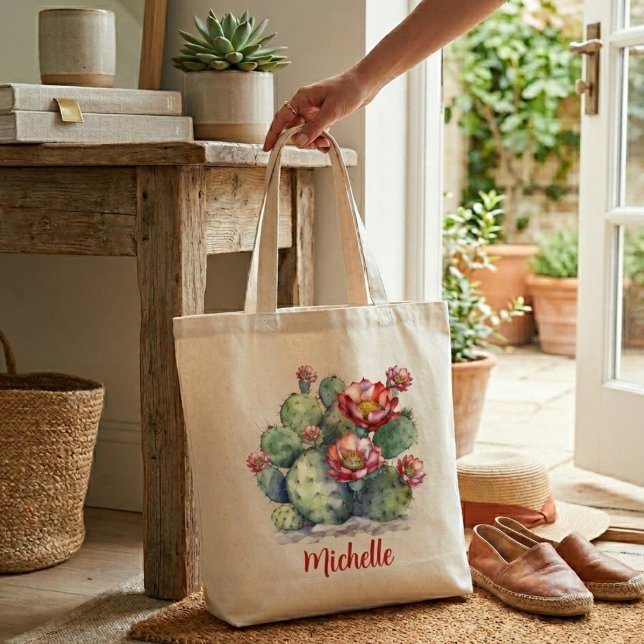 Bolsa Tote Cacto de Flores Vermelhas Com Nome (Criador carregado)