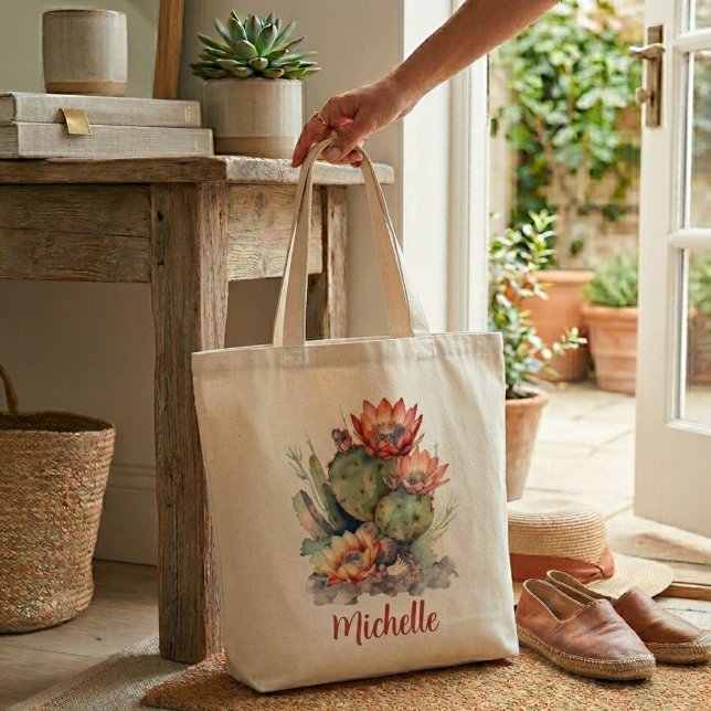 Bolsa Tote Cacto Florido Laranja/Vermelho Com Nome (Criador carregado)