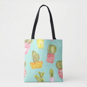 Bolsa Tote Cactos picantes em potes, padrão de aquarela.