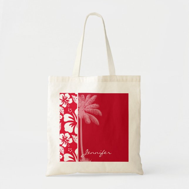 Bolsa Tote Cádmio Red Tropical Hibiscus; Palm (Frente)