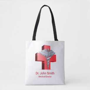 Bolsa Tote Caduceus Medical Silver 3D Cross Red
