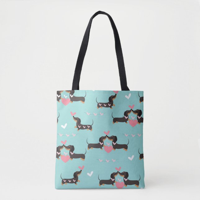 Bolsa Tote Cães-dachshund apaixonados e corações, padrão perf (Frente)