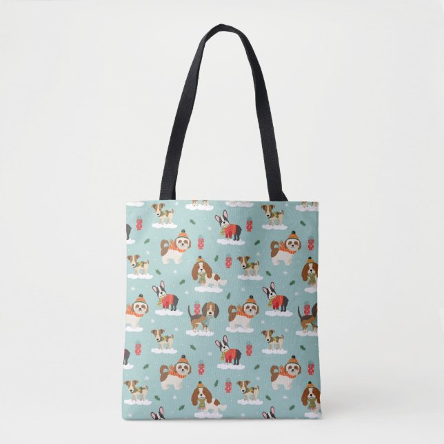 Bolsa Tote Cães de Natal no Padrão Cozy Scarves (Frente)