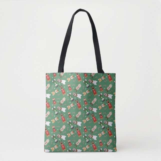 Bolsa Tote Cães de Natal Padrão Vermelho Verde (Frente)