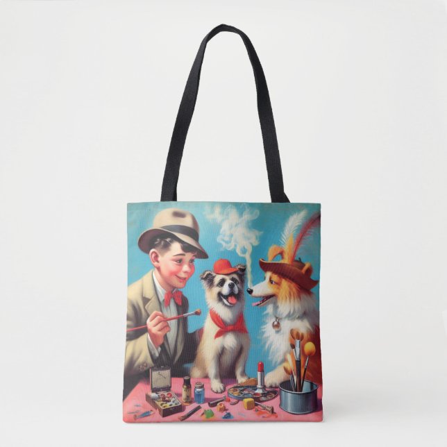 Bolsa Tote Cães Felizes De Pintura De Óleo Retro (Frente)