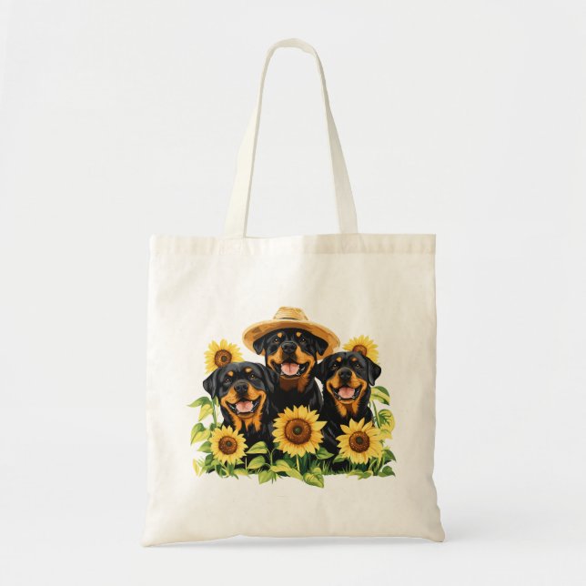 Bolsa Tote Cães Rottweiler Cercados Por Girassóis (Frente)