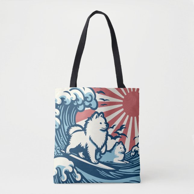 Bolsa Tote Cães Spitz Japoneses Soprando a Onda do Excelente (Frente)