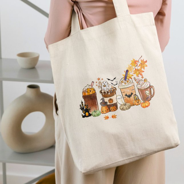 Bolsa Tote Café com Temática de Abóbora e Halloween Kawaii (Criador carregado)