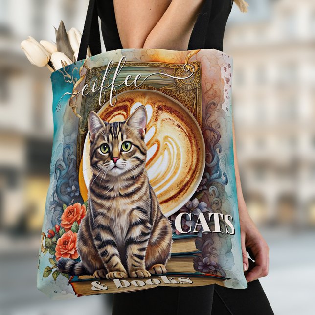 Bolsa Tote Café de Arte Boho e Livros Saco (Personalized coffee, cats and books tote bag featuring a colorful bohemian artistic design)