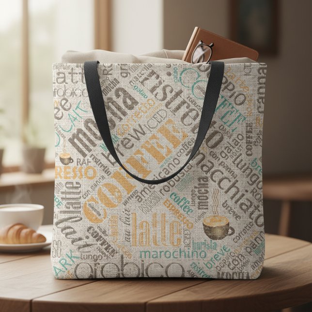 Bolsa Tote Café em Burlap Word Cloud Teal ID283 (Criador carregado)