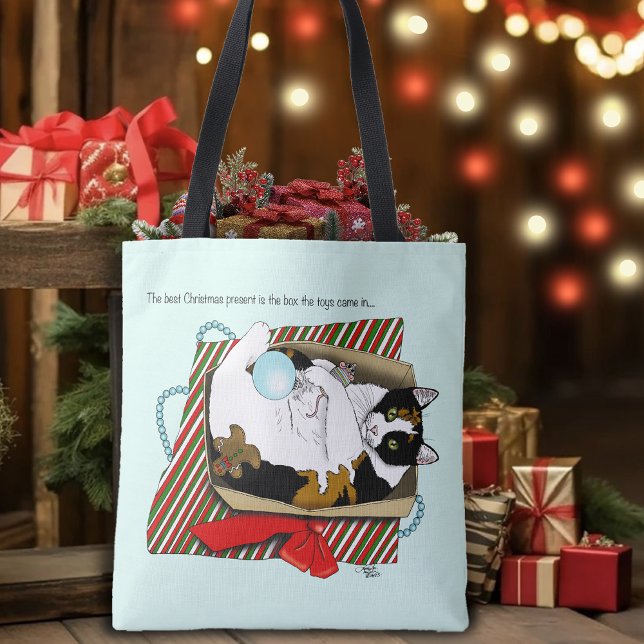 Bolsa Tote Caixa de Presente de Natal de Gato Malhado Diverti (Criador carregado)