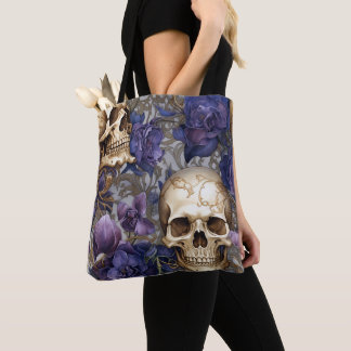 Bolsa Tote Calaveras y Rosas Moradas – Arte Gótico Elegante