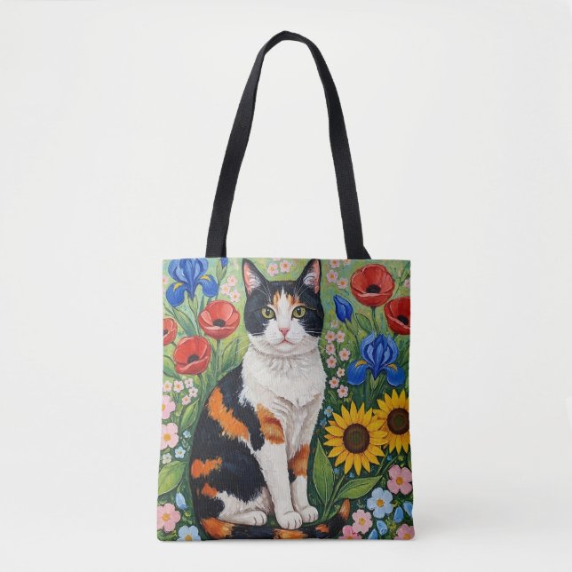 Bolsa Tote Calico Cat and Folk Art Sunflowers (Frente)