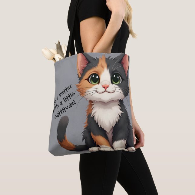 Bolsa Tote Calico Kitten Whimsical com Cattitude (Close Up)