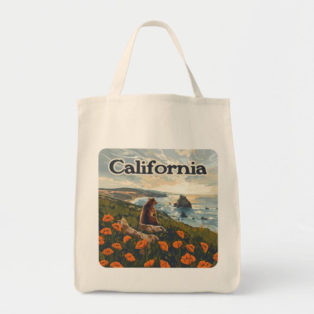 Bolsa Tote California Bear Poppies Flores Retro (Frente)