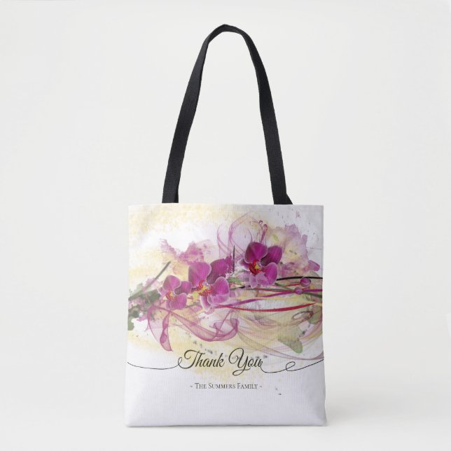 Bolsa Tote Caligrafia Abstrato de Orquídeas Roxas (Frente)