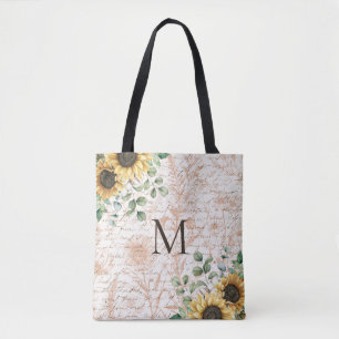 Bolsa Tote Caligrafia de Girassol Rústico Monogramado Vintage