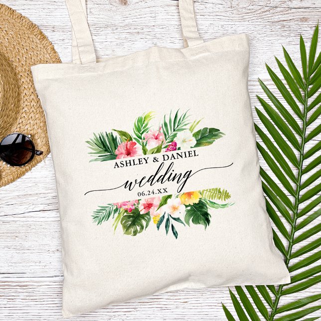 Bolsa Tote Caligrafia Floral Tropical Watercolor (Customize to change your personalized text size, color or style.)