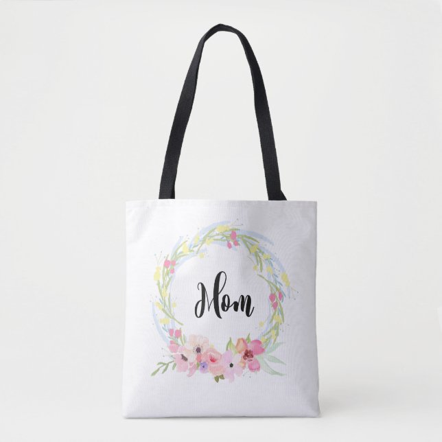 Bolsa Tote Caligrafia Mãe e Watercolor Floral Wreath (Frente)