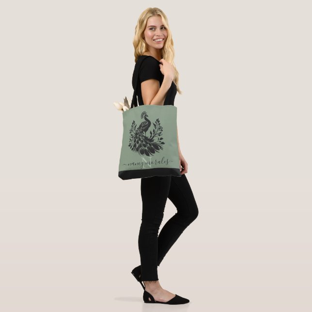 Bolsa Tote Caligrafia moderna do pavão negro sage verde para  (No(a) Modelo)