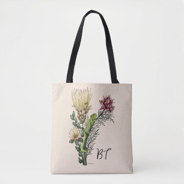 Bolsa Tote Camaleão Fofônico em Arte Botânica com Buquê Flora (Frente)
