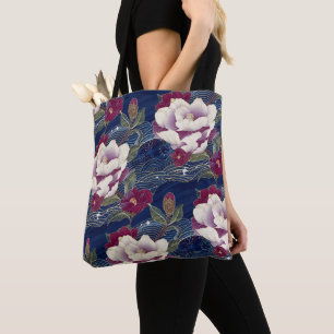Bolsa Tote Camellias em azul escuro