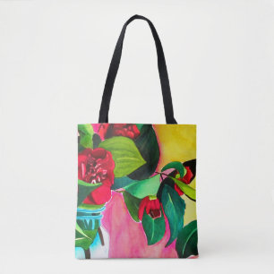 Bolsa Tote Camellias Vermelhas com verde