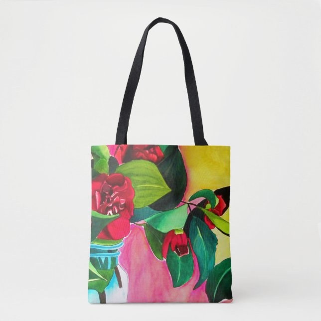 Bolsa Tote Camellias Vermelhas com verde (Frente)